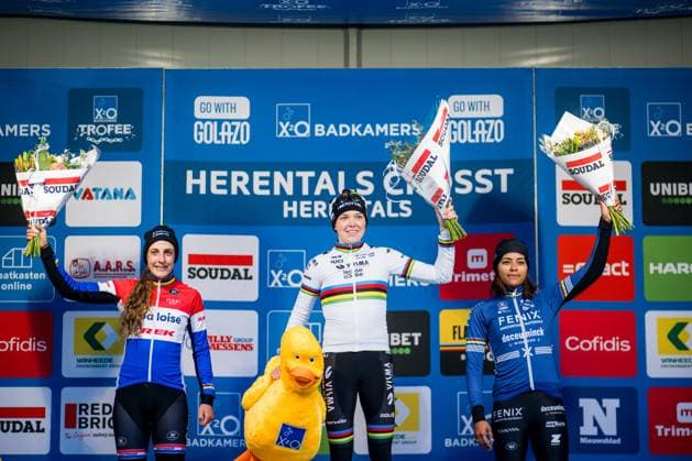 Dutch Lucinda Brand, Dutch Fem Van Empel and Dutch Ceylin Del Carmen Alvarado pictured on the podium after the women s elite race at the Herentals Crosst cyclocross cycling event on Saturday 14 December 2024 in Herentals, stage 4 8 in the X2O Badkamers Trofee Veldrijden competition. JASPERxJACOBS  x108251679x