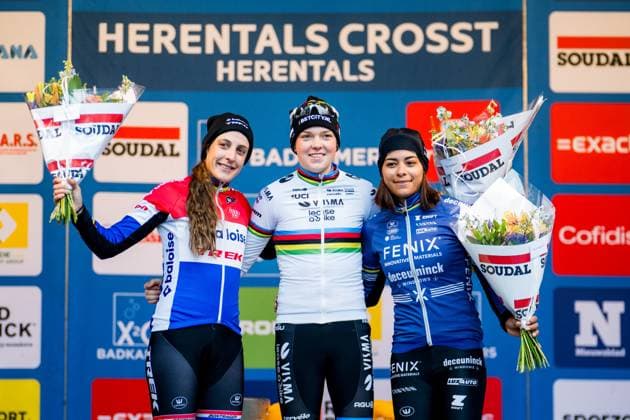 Dutch Lucinda Brand, Dutch Fem Van Empel and Dutch Ceylin Del Carmen Alvarado on the podium after the women s elite race at the Herentals Crosst cyclocross cycling event on Saturday 14 December 2024 in Herentals, stage 4 8 in the X2O Badkamers Trofee Veldrijden competition. JASPERxJACOBS  x108251882x