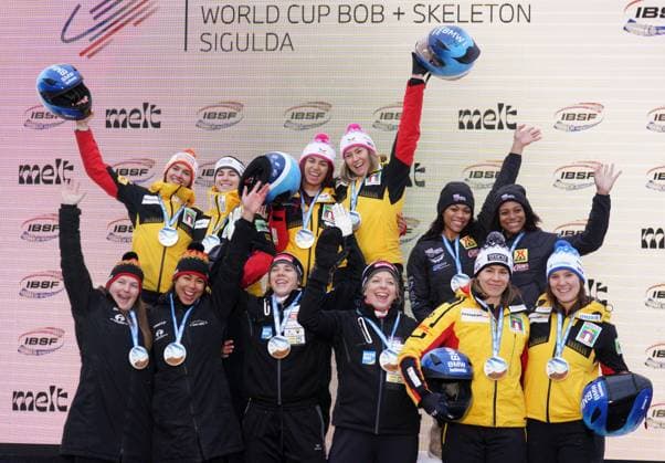 Sport Themen der Woche KW50 Sport Bilder des Tages IBSF Latvia Bobsleigh World Cup, World Cup, WC, Bobsleigh, Bobsleigh World Cup, IBSF, Skeleton and Bobsleigh World Cup, , 15122024, Sigulda, Latvia (LVA): IBSF Latvia Bobsleigh World Cup, - Latvia. Kim Kalicki and Neele Schuten of Germany, Laura Nolte and Leonie Kluwig of Germany and Kaysha Love and Jasmine Jones of United States, Kelly van Petegem and JÃ¯enity de Kler of Belgium, Kelly van Petegem and JÃ¯enity de Kler of Belgium, Lisa Buckwitz and Kira Lipperheide of Germany. Photo: Roman Koksarov. For editorial use only. Resale or distribution is prohibited. Sigulda Latvia Copyright: xRomanxKoksarovx RKO02213.JPG
