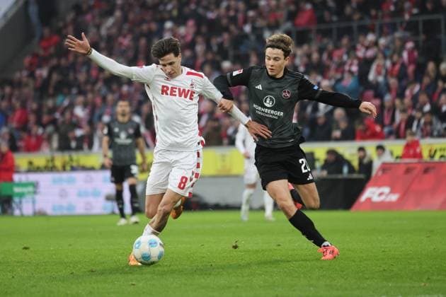 Denis Huseinbasic Koeln 8 , Oliver Villadsen Nuernberg 2 , GER, 1 FC Koeln vs 1 FC Nuernberg , 2 Soccer Bundesliga, Matchday 16, Season 2024 2025, 15 12 2024, DFL REGULATIONS PROHIBIT ANY USE OF PHOTOGRAPHS AS IMAGE SEQUENCES AND OR QUASI VIDEO, GER, 1 FC Koeln vs 1 FC Nuernberg , 2 Soccer Bundesliga, Matchday 16, Season 2024 2025, 15 12 2024 Koeln Copyright: xEibner-Pressefoto JoergxNiebergax EP_JNL