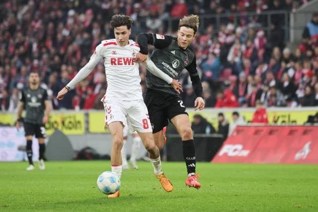 Denis Huseinbasic Koeln 8 , Oliver Villadsen Nuernberg 2 , GER, 1 FC Koeln vs 1 FC Nuernberg , 2 Soccer Bundesliga, Matchday 16, Season 2024 2025, 15 12 2024, DFL REGULATIONS PROHIBIT ANY USE OF PHOTOGRAPHS AS IMAGE SEQUENCES AND OR QUASI VIDEO, GER, 1 FC Koeln vs 1 FC Nuernberg , 2 Soccer Bundesliga, Matchday 16, Season 2024 2025, 15 12 2024 Koeln Copyright: xEibner-Pressefoto JoergxNiebergax EP_JNL