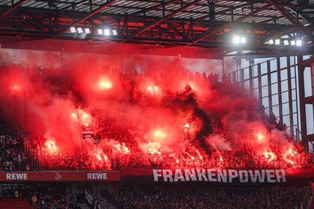 Soccer 2 Bundesliga 16 Matchday 1 FC Cologne 1 FC Nuremberg on 15 12 2024 at RheinEnergieStadion in Cologne Fans ignite Bengalos Pyrotechnics Pyro flares Smoke bombs in the fan block of Nuremberg DFL regulations prohibit any use of photographs as image sequences and or quasi video xJRx