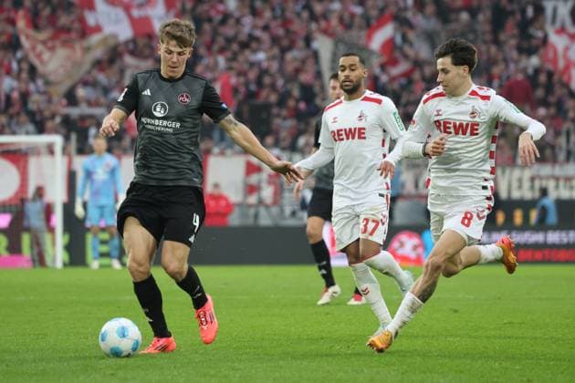 Denis Huseinbasic Koeln 8 and Finn Jeltsch Nuernberg 4 , GER, 1 FC Koeln vs 1 FC Nuernberg , 2 Soccer Bundesliga, Matchday 16, Season 2024 2025, 15 12 2024, DFL REGULATIONS PROHIBIT ANY USE OF PHOTOGRAPHS AS IMAGE SEQUENCES AND OR QUASI VIDEO, GER, 1 FC Koeln vs 1 FC Nuernberg , 2 Soccer Bundesliga, Matchday 16, Season 2024 2025, 15 12 2024 Koeln Copyright: xEibner-Pressefoto JoergxNiebergax EP_JNL