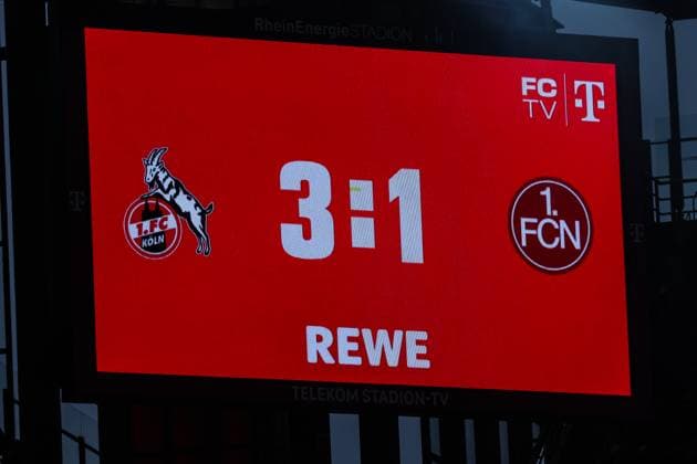 Sport, Soccer, 2 Bundesliga Season 2024 2025 16 Matchday 1 FC Köln 1 FC Nürnberg 15 12 2024, RheinEnergieSTADION Scoreboard with the final result Cologne RheinEnergieSTADION North Rhine-Westphalia Germany