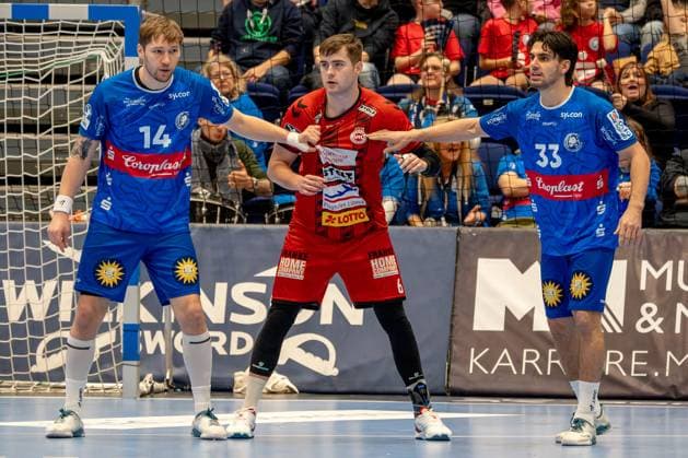 15 12 2024, xkkux, Handball, 2 HBL, Bergischer HC VfL Lübeck Schwartau, Mitsubishi Electric HALLE Düsseldorf, Season 2024 2025 Gerdas Babarskas BHC 14 Rasmus Willette Houmöller VFL Lübeck Schwartau 6 and Eloy Morante Maldonado BHC 33 NRW Germany