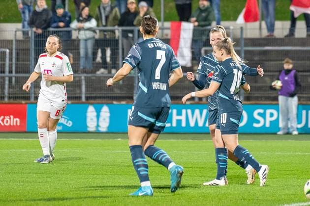 16 12 2024, Soccer Google Pixel Womens Bundesliga, Season 2024 2025, Matchday 12, 1 FC Koeln RB Leipzig at Franz Kremer Stadium in Cologne Giovanna Hoffmann RB Leipzig, 07 , Vanessa Fudalla RB Leipzig, 10 and Victoria Krug RB Leipzig, 20 celebrate the goal for 1 0 Important note In accordance with the regulations of the DFL German Football League and the DFB German Football Association, it is prohibited to use or have used photographs taken in the stadium and or of the match in the form of sequential images and or video-like photo series Foto Kirchner Media TH Copyright: xKirchner-Media THx
