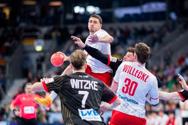 07 11 2024 Handball, mens international match, European Championship qualifier in Mannheim, Germany Switzerland L R Mehdi Ben Romdhane Switzerland , Luca Witzke Germany , Marko Grgic Germany , Joel Willecke Switzerland Mannheim Baden Württemberg Germany SAP Arena