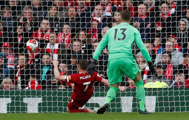 Liverpool v AFC Bournemouth - Premier League - Anfield March 7, 2020, Liverpool, United Kingdom: James Milner of Liverpool clears of the line after Ryan Fraser of Bournemouth lobbed Adrian of Liverpool during the Premier League match at Anfield, Liverpool. Picture date: 7th March 2020. Picture credit should read: Darren Staples Sportimage Liverpool United Kingdom EDITORIAL USE ONLY Copyright: xx ZUMA-20200307_zaf_si1_037.jpg DarrenxStaplesx csmphototwo668005