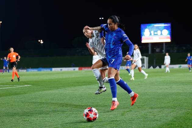 December 17, 2024, Valdebebas, Madrid, SPAIN: Sheila Garcia of Real Madrid and Mayra Ramirez of Chelsea in action during the UEFA WomenÃ¢â‚¬â ¢s Champions League, Group B, football match played between Real Madrid and Chelsea at Alfredo Di Stefano stadium on December 17, 2024, in Valdebebas, Madrid, Spain. Valdebebas SPAIN - ZUMAa181 20241217_zaa_a181_065 Copyright: xDennisxAgyemanx