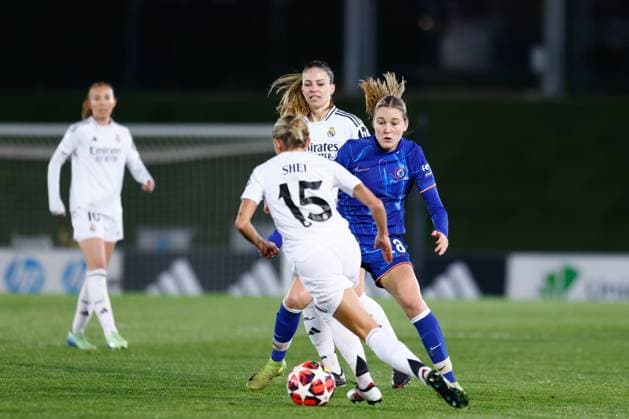 December 17, 2024, Valdebebas, Madrid, SPAIN: Wieke Kaptein of Chelsea and Sheila Garcia of Real Madrid in action during the UEFA WomenÃ¢â‚¬â ¢s Champions League, Group B, football match played between Real Madrid and Chelsea at Alfredo Di Stefano stadium on December 17, 2024, in Valdebebas, Madrid, Spain. Valdebebas SPAIN - ZUMAa181 20241217_zaa_a181_074 Copyright: xDennisxAgyemanx
