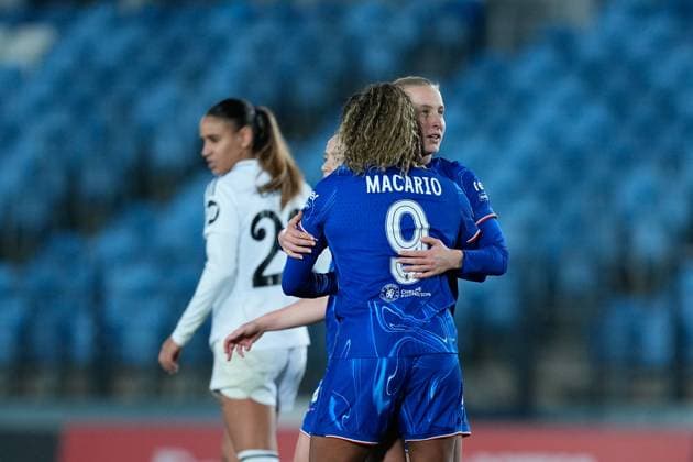 December 17, 2024, Valdebebas, Madrid, SPAIN: Catarina Macario of Chelsea celebrates a goal during the UEFA WomenÃ¢â‚¬â ¢s Champions League, Group B, football match played between Real Madrid and Chelsea at Alfredo Di Stefano stadium on December 17, 2024, in Valdebebas, Madrid, Spain. Valdebebas SPAIN - ZUMAa181 20241217_zaa_a181_120 Copyright: xOscarxJ.xBarrosox