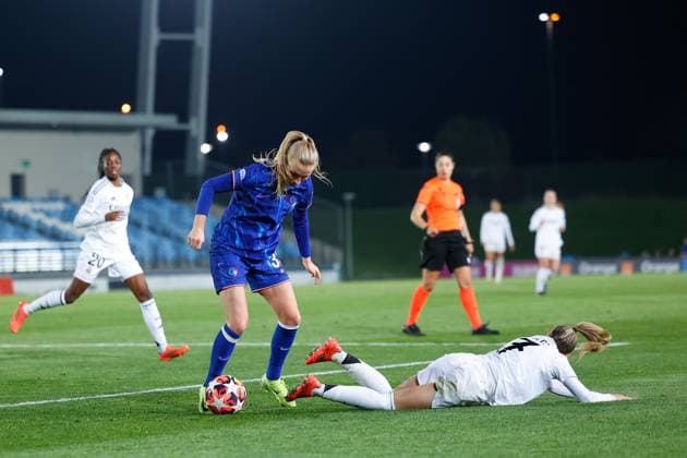 December 17, 2024, Valdebebas, Madrid, SPAIN: Olga Carmona of Real Madrid and Aggie Beever-Jones of Chelsea in action during the UEFA WomenÃ¢â‚¬â ¢s Champions League, Group B, football match played between Real Madrid and Chelsea at Alfredo Di Stefano stadium on December 17, 2024, in Valdebebas, Madrid, Spain. Valdebebas SPAIN - ZUMAa181 20241217_zaa_a181_162 Copyright: xDennisxAgyemanx