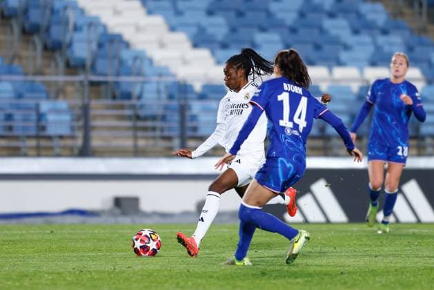 December 17, 2024, Valdebebas, Madrid, SPAIN: Naomie Feller of Real Madrid in action during the UEFA WomenÃ¢â‚¬â ¢s Champions League, Group B, football match played between Real Madrid and Chelsea at Alfredo Di Stefano stadium on December 17, 2024, in Valdebebas, Madrid, Spain. Valdebebas SPAIN - ZUMAa181 20241217_zaa_a181_170 Copyright: xDennisxAgyemanx