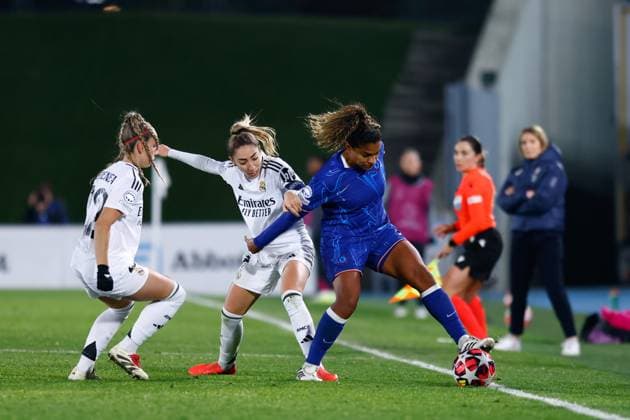 December 17, 2024, Valdebebas, Madrid, SPAIN: Catarina Macario of Chelsea and Olga Carmona of Real Madrid in action during the UEFA WomenÃ¢â‚¬â ¢s Champions League, Group B, football match played between Real Madrid and Chelsea at Alfredo Di Stefano stadium on December 17, 2024, in Valdebebas, Madrid, Spain. Valdebebas SPAIN - ZUMAa181 20241217_zaa_a181_177 Copyright: xDennisxAgyemanx