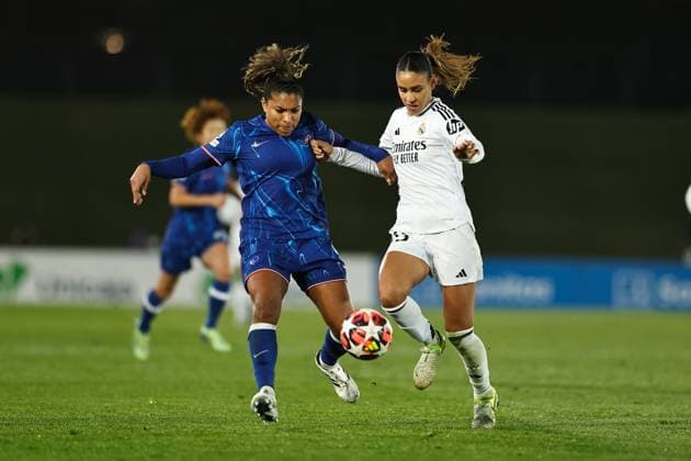 (L-R) Catarina Macario (Chelsea), Maelle Lakrar (Real), DECEMBER 17, 2024 - Football Soccer : UEFA Women s Champions League group stage Matchday 6 Group B match between Real Madrid C.F. 1-2 Chelsea FC at the Estadio Alfredo Di Stefano in Madrid, Spain. Noxthirdxpartyxsales  (276472233)