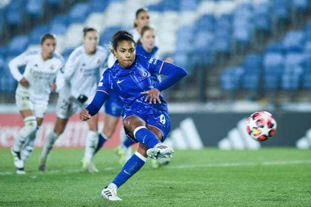 (241218) -- MADRID, Dec. 18, 2024 -- Catarina Macario, player of Chelsea scores a penalty during the UEFA Women s Champions League match between Real Madrid and Chelsea, in Madrid, Spain, Dec. 17, 2024. (Photo by Xinhua) (SP)SPAIN-MADRID-FOOTBALL-WOMEN S CHAMPIONS LEAGUE-REAL MADRID VS CHELSEA GustavoxValiente 