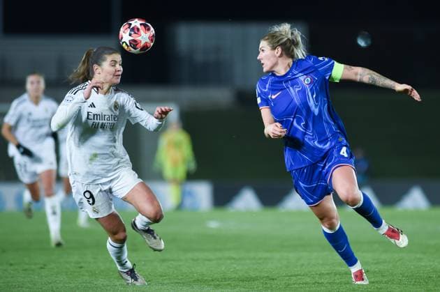 (241218) -- MADRID, Dec. 18, 2024 -- Real Madrid s Signe Bruun (L) vies with Chelsea s Millie Bright during the UEFA Women s Champions League match between Real Madrid and Chelsea, in Madrid, Spain, Dec. 17, 2024. (Photo by Xinhua) (SP)SPAIN-MADRID-FOOTBALL-WOMEN S CHAMPIONS LEAGUE-REAL MADRID VS CHELSEA GustavoxValiente 