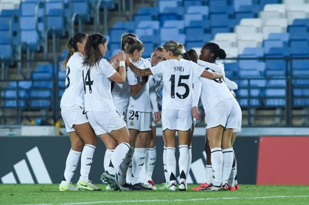(241218) -- MADRID, Dec. 18, 2024 -- Players of Real Madrid celebrate a goal during the UEFA Women s Champions League match between Real Madrid and Chelsea, in Madrid, Spain, Dec. 17, 2024. (Photo by Xinhua) (SP)SPAIN-MADRID-FOOTBALL-WOMEN S CHAMPIONS LEAGUE-REAL MADRID VS CHELSEA GustavoxValiente 