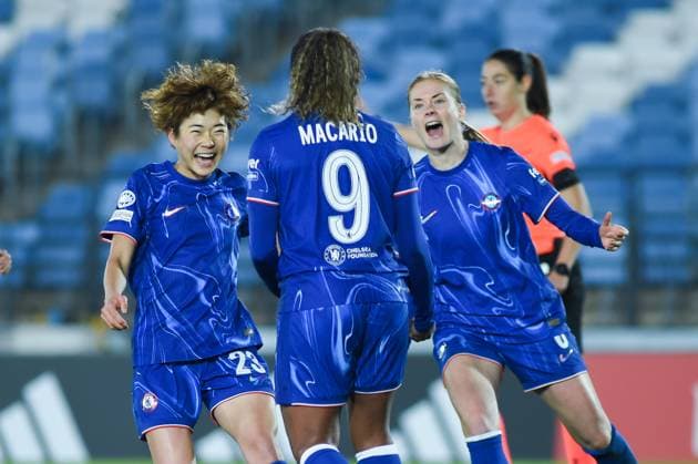 (241218) -- MADRID, Dec. 18, 2024 -- Players of Chelsea celebrate a goal during the UEFA Women s Champions League match between Real Madrid and Chelsea, in Madrid, Spain, Dec. 17, 2024. (Photo by Xinhua) (SP)SPAIN-MADRID-FOOTBALL-WOMEN S CHAMPIONS LEAGUE-REAL MADRID VS CHELSEA GustavoxValiente 