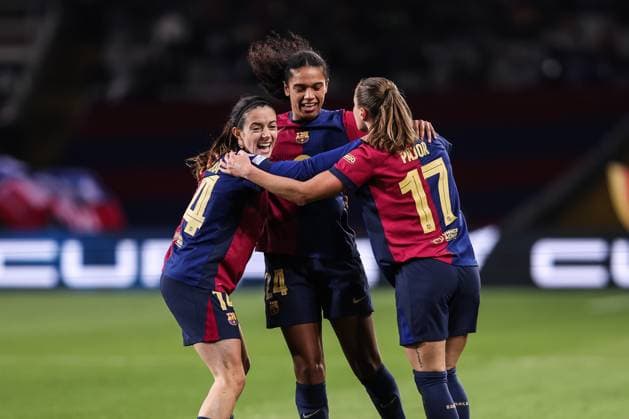 December 18, 2024, Barcelona, Barcelona, Spain: Aitana Bonmati of FC Barcelona, Barca Femenino celebrates a goal with her teammates during the UEFA WomenÃ¢â‚¬â ¢s Champions League Group Stage MD6, football match played between FC Barcelona and Manchester City FC at Estafi Olimpic Lluis Companys on December 18, 2024 in Barcelona, Spain. Barcelona Spain - ZUMAa181 20241218_zaa_a181_057 Copyright: xJavierxBorregox