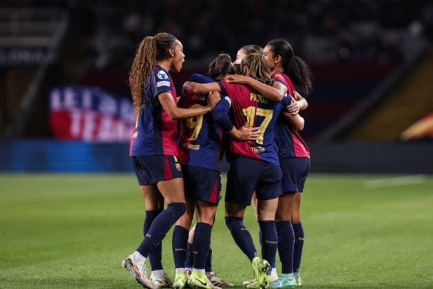 December 18, 2024, Barcelona, Barcelona, Spain: Aitana Bonmati of FC Barcelona, Barca Femenino celebrates a goal with her teammates during the UEFA WomenÃ¢â‚¬â ¢s Champions League Group Stage MD6, football match played between FC Barcelona and Manchester City FC at Estafi Olimpic Lluis Companys on December 18, 2024 in Barcelona, Spain. Barcelona Spain - ZUMAa181 20241218_zaa_a181_051 Copyright: xJavierxBorregox
