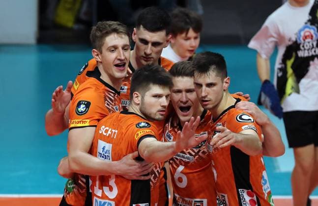 Florian Krage, Jake Hanes, Ruben Schott, Johannes Tille, Moritz Reichert Joy Emotion Jubilation Sport Volleyball CEV Champions League Men Season 2024 2025 18 12 2024 BR Volleys Berlin BRV vs Greenyard Maaseik