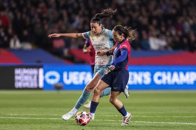 December 18, 2024, Barcelona, Barcelona, Spain: Aitana Bonmati of FC Barcelona, Barca Femenino and Leila Ouahabi of Manchester City FC in action during the UEFA WomenÃ¢â‚¬â ¢s Champions League Group Stage MD6, football match played between FC Barcelona and Manchester City FC at Estafi Olimpic Lluis Companys on December 18, 2024 in Barcelona, Spain. Barcelona Spain - ZUMAa181 20241218_zaa_a181_067 Copyright: xJavierxBorregox