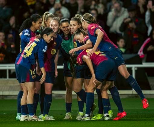 (241219) -- BARCELONA, Dec. 19, 2024 -- Players of Barcelona celebrate a goal during the UEFA Women s Champions League match between Barcelona and Manchester City at Lluis Companys Olympic Stadium in Barcelona, Spain, Dec. 18, 2024. (Photo by Xinhua) (SP)SPAIN-BARCELONA-FOOTBALL-WOMEN S CHAMPIONS LEAGUE-BARCELONA VS MANCHESTER CITY JoanxGosa 