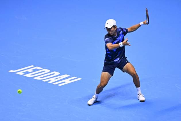 NextGen ATP, Tennis Herren Finals First Round - Jeddah Juncheng Shang (CHI) during his first round match at the 2024 NextGen ATP Finals in Jeddah, Saudi Arabia on December 18, 2024. Photo by Corinne Dubreuil ABACAPRESS.COM Jeddah Saudi Arabia  Copyright: xDubreuilxCorinne ABACAx