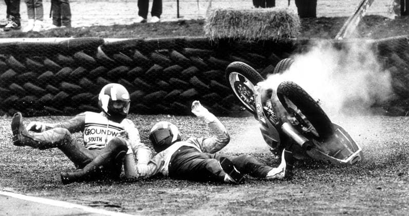 Tim Bourne and Mark Farmer slide off the track at Druids Hairpin during the T T Formula One Superbike Race at Brands Hatch Races Motor Cycles T T Formula One Superbike Race DMGTCHPDPICT000409774572