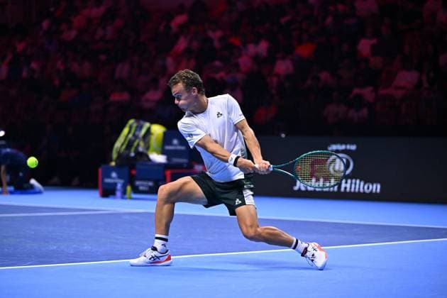 NextGen ATP, Tennis Herren Finals Second Round - Jeddah Luca Van Assche (FRA) during his second round match at the 2024 NextGen ATP Finals in Jeddah, Saudi Arabia on December 19, 2024. Photo by Corinne Dubreuil ABACAPRESS.COM Jeddah Saudi Arabia  Copyright: xDubreuilxCorinne ABACAx