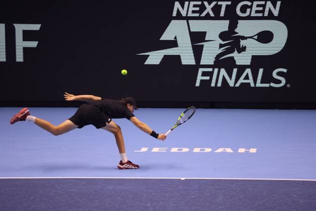 (241220) -- JEDDAH, Dec. 20, 2024 -- Alex Michelsen of the United States hits a return during the round robin match against Shang Juncheng of China at Next Gen ATP, Tennis Herren Finals tennis tournament in Jeddah, Saudi Arabia, Dec. 20, 2024. ) (SP)SAUDI ARABIA-JEDDAH-TENNIS-NEXT GEN ATP FINALS LuoxChen 