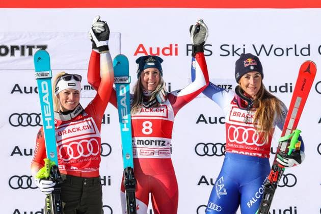 Bilder des Jahres 2024, Sport 12 Dezember Sport Themen der Woche KW51 Sport Bilder des Tages ALPINE SKIING - FIS WC St. Moritz SANKT MORITZ,SWITZERLAND,21.DEC.24 - ALPINE SKIING - FIS World Cup, Super G, ladies. Image shows Lara Gut-Behrami (SUI), Cornelia Huetter (AUT) and Sofia Goggia (ITA).  GEPAxpictures xHaraldxSteiner