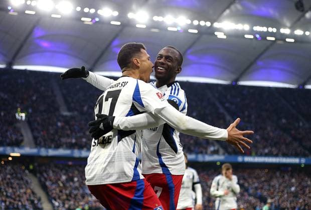 21 12 2024, Soccer 2 Bundesliga 2024 2025, Matchday 17, Hamburger SV SpVgg Greuther Fürth, at Volksparkstadion Hamburg Cheers L R Scorer Davie Selke Hamburg and Jean Luc Dompe Hamburg for the goal to 2 0 DFL and DFB regulations prohibit any use of photographs as image sequences and or quasi video