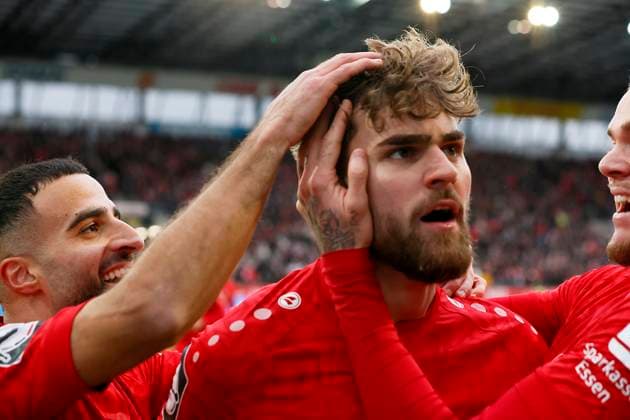 Soccer 3 Liga 19 Matchday , Season 2024 2025, Rot Weiss Essen VFB Stuttgart II on 21 12 2024 at the stadium at Hafenstrasse in Essen Leonardo Vonic Rot Weiss Essen Goal celebration Rot Weiss Essen DFB regulations prohibit any use of photographs as image sequences and or quasi video
