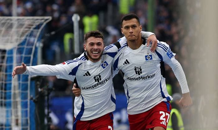 21 12 2024, Soccer 2 Bundesliga 2024 2025, Matchday 17, Hamburger SV SpVgg Greuther Fürth, at Volksparkstadion Hamburg Jubel L R William Mikelbrencis Hamburg and scorer Davie Selke Hamburg to score 4 0 DFL and DFB regulations prohibit any use of photographs as image sequences and or quasi video