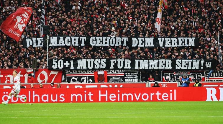 21 12 2024, Germany, Stuttgart, Football Bundesliga, Season 2024 2025, VfB Stuttgart, vs FC St Pauli, Banner in Cannstatter Kurve The power belongs to the club 50 1 must be forever According to the regulations of the DFL German Football League, it is prohibited to exploit or have exploited photographs taken in the stadium and or of the match in the form of sequential images and or video-like photo series