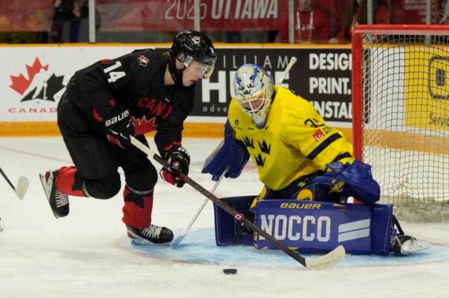 December 21, 2024, Ottawa, On, Canada: Canada forward Berkly Catton tries to score on Sweden goaltender Melker Thelin during second period IIHF World Junior Hockey Championship pre-tournament action, Saturday, Dec.21, 2024 in Ottawa. Melker Thelin Berkly Catton  - ZUMAc35_ 20241221_zaf_c35_029 Copyright: xAdrianxWyldx