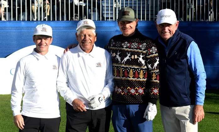 2024 PNC Championship in Orlando, Florida - 21 Dec (L-R) Daniel Trevino, his father, Lee Trevino, Greg Price, and his father, Nick Price pose before teeing off on the first hole during the first round of the 2024 PNC Championship at the Ritz-Carlton Golf Club in Orlando, Florida. Orlando United States Copyright: xPaulxHennessyx xSOPAxImagesx 12212024_PHH_PNC_04