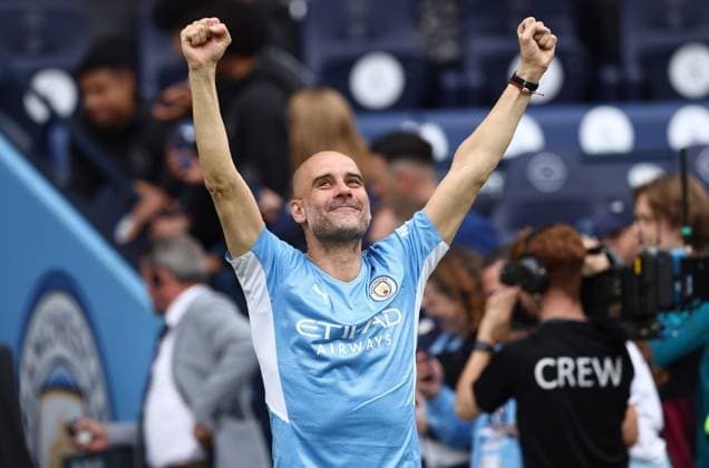 Manchester City v Aston Villa - Premier League - Etihad Stadium May 22, 2022, Manchester, United Kingdom: Manchester, England, 22nd May 2022. Josep Guardiola manager of Manchester City celebrates winning the Premier League during the Premier League match at the Etihad Stadium, Manchester. Manchester United Kingdom EDITORIAL USE ONLY Copyright: xx ZUMA-20220522_zaf_si1_197.jpg DarrenxStaplesx csmphototwo916825