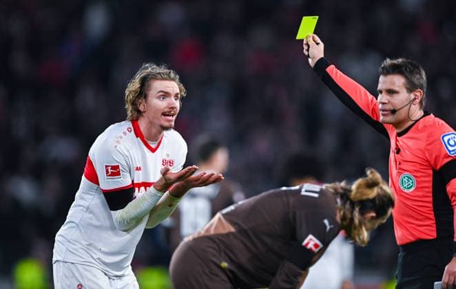 Nick Woltemade VfB Stuttgart gestures and gets a yellow card from Referee Felix Brych during the Bundesliga match between VfB Stuttgart and FC St Pauli 1910, MHPArena Stuttgart on December 21, 2024 in Stuttgart, Germany, Germany Photo by Silas Schueller DeFodi Images Nick Woltemade VfB Stuttgart gestures and gets a yellow card from Referee Felix Brych during the Bundesliga match between VfB Stuttgart and FC St Pauli 1910 at MHPArena Stuttgart on December 21, 2024 in Stuttgart, Germany Photo by Silas Schueller DeFodi Images DFL regulations prohibit any use of photographs as image sequences and or quasi video Photo by Silas Schueller DeFodi Images Defodi 738 738 VFBPAU 20241221 537 Defodi-738 DFL regulations prohibit any use of photographs as image sequences and or quasi-video.