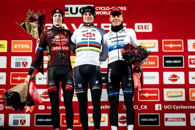 UCI Cyclocross World Cup Gavere 2024 GAVERE, BELGIUM - DECEMBER 26 : Vanthourenhout Michael (BEL) of Pauwels Sauzen - Bingoal, Van Der Poel Mathieu (NED) of Alpecin-Deceuninck and Nys Thibau (BEL) of Baloise Trek Lions pictured during the podium ceremony of the 7th leg of the UCI Cyclocross World Cup series 2024-2025 for Men Elite in Gavere, Belgium, 26 12 2024 Gavere Belgium  Copyright: xBcex