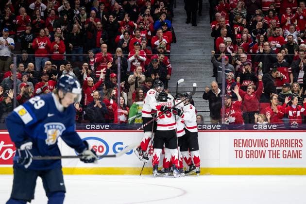 241226 Gavin McKenna of Canada celebrates with team mates after scoring 0 1 during the 2025 IIHF World Junior Championship game between Finland and Canada on December 26, 2024 in Ottawa Photo Mathias Bergeld BILDBYRAN kod MB MB1026 ishockey ice hockey jvm junior vm u20 2025 iihf world junior championship world juniors finland canada kanada 1 bbeng jubel  Copyright: MATHIASxBERGELD BB241226MB128
