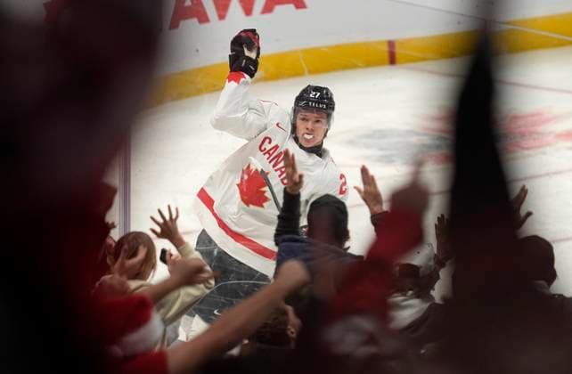 December 26, 2024, Ottawa, On, Canada: Canada forward Easton Cowan (27) celebrates his goal during second period IIHF World Junior Hockey Championship tournament action against Team Finland, Thursday, Dec. 26, 2024 in Ottawa. Easton Cowan  - ZUMAc35_ 20241226_zaf_c35_092 Copyright: xAdrianxWyldx