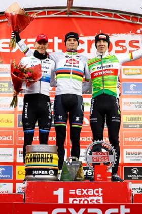 Exact Cross cyclocross Loenhout 2024 LOENHOUT, BELGIUM - DECEMBER 27 : Nys Thibau (BEL) of Baloise Trek Lions, Van Der Poel Mathieu (NED) of Alpecin-Deceuninck and Sweeck Laurens (BEL) of Crelan-Corendon pictured during the podium ceremony of the 5th leg of the Exact Cross cyclocross series 2024-2025 in Loenhout, Belgium, 27 12 2024 Loenhout Belgium  Copyright: xJanxDexMeuleneirx