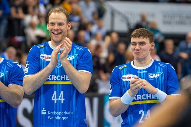 Handball I Men I Season 2024 2025 I Bundesliga I 17 Matchday I TVB Stuttgart 1 VfL Potsdam I 27 12 2024 Lenny Rubin 44, TVB Stuttgart and Lukas Laube 24, TVB Stuttgart are happy after the victory Stuttgart Porsche Arena Baden Württemberg Germany Copyright: xLobeca MaxxPetershansx