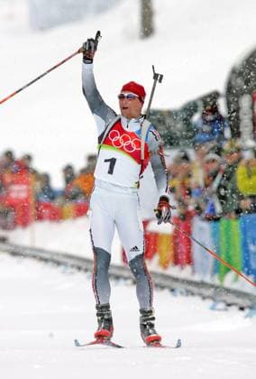 Michael Greis of Germany reacts after winning the gold medal in the men s 15 KM mass start biathlon competition at Cesana San Sicario, Italy Saturday February 25, 2006. (Ron Jenkins Fort Worth Star-Telegram KRT) CESANA SAN SICARIO ITA EDITORIAL USE ONLY Copyright: xx RonxJenkinsx krtphotos314037