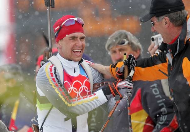 Michael Greis of Germany reacts after winning the gold medal in the men s 15 KM mass start biathlon competition at Cesana San Sicario, Italy Saturday February 25, 2006. (Ron Jenkins Fort Worth Star-Telegram KRT) CESANA SAN SICARIO ITA EDITORIAL USE ONLY Copyright: xx RonxJenkinsx krtphotos314038