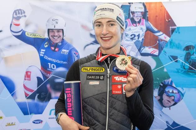 photographer: FIL Michael Kristen 28.12.2024 Austrian Championships, Olympia Ice Track Innsbruck-Igls, Tirol, Austria (AUT), Award Ceremony, Women™s Singles, picture: Madeleine Egle (AUT, 1st place)