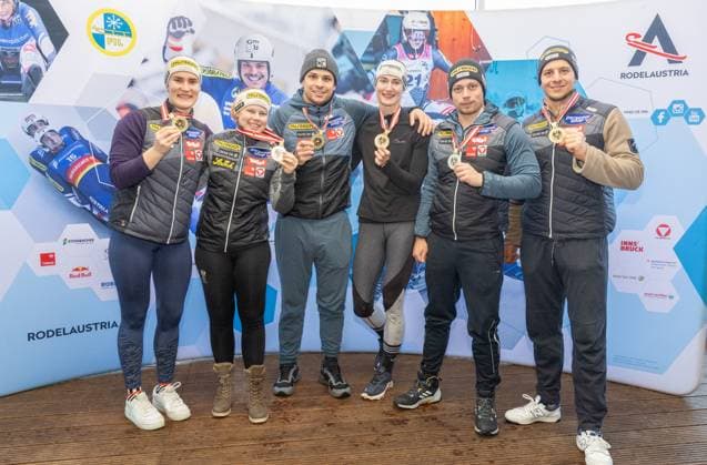photographer FIL Michael Kristen 28 12 2024 Austrian Championships, Olympia Ice Track Innsbruck Igls, Tirol, Austria AUT , Award Ceremony, winner, picture Selina Egle, Lara Michaela Kipp AUT , Jonas Müller AUT , Madeleine Egle AUT , Armin Frauscher, Yannick Müller AUT